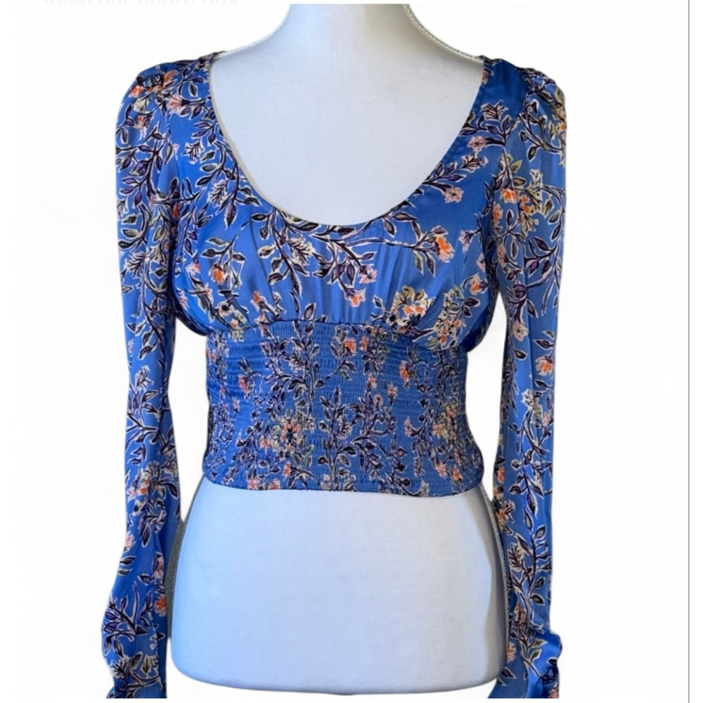 🌸 Free People Blue Floral Smocked Crop Top Puff Long Sleeve Boho Medium